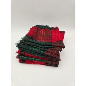 12 Vintage Red Green Knit Plaid Christmas Napkins Rag Fringe Metallic Sparkle